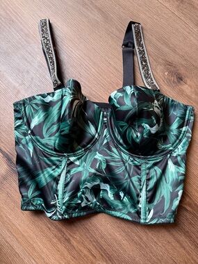 Women's Green Leaf Print Longline Bustier Bra